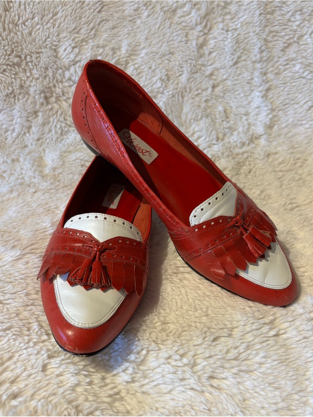 Vintage Red and White Leather Tassel Loafers